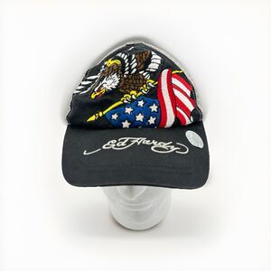 Ed Hardy Eagle USA Flag Trucker Hat Black Front Gray Mesh 2008 Y2K Audigier Worn